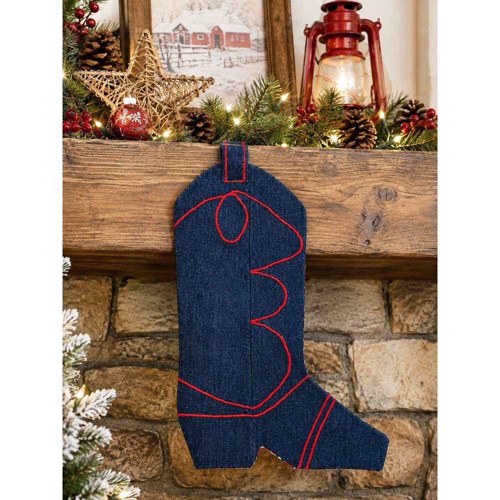 Unbranded Boot Stocking Unisex OS Red Plaid Denim Excellent‎ Western Reversible